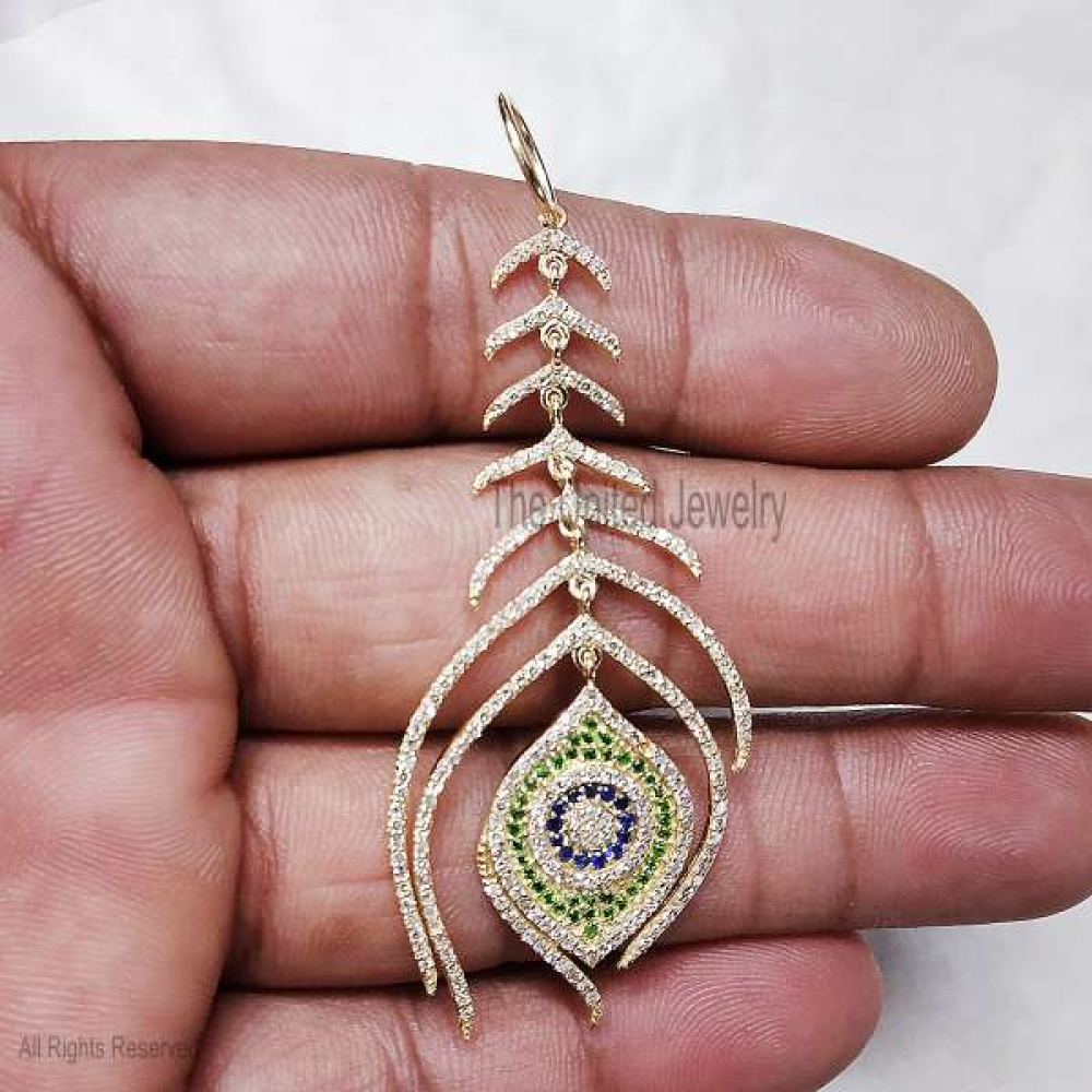 14k Gold Natural Diamond Peacock Feather Wings Pendant, Diamond Leaf Peacock Pendant, Gold Peacock Wings Pendant Jewelry