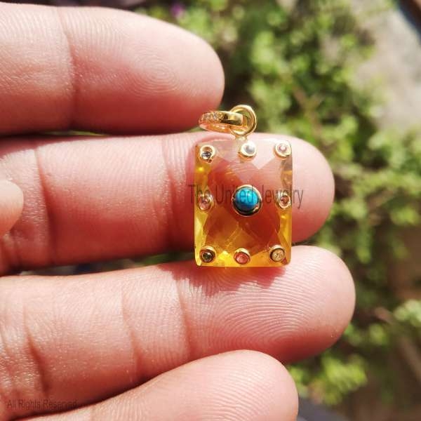 Yellow Topaz With Multisapphire Square Shape Pendant, Yellow Topaz Charm, Handmade Topaz Pendant Jewelry