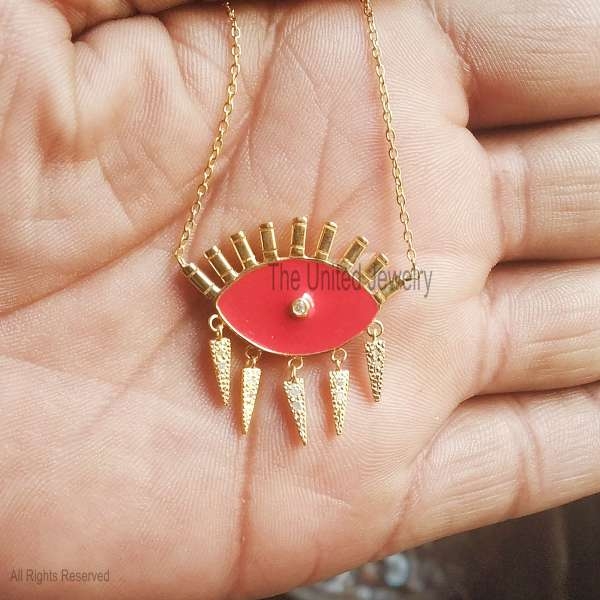 925 Sterling Silver Red Enamel Color Evil Eye Charm, Silver Diamond Enamel Evil Eye Charm Pendant, Handmade Silver Diamond Enamel Evil Eye Charm Pendant Jewelry
