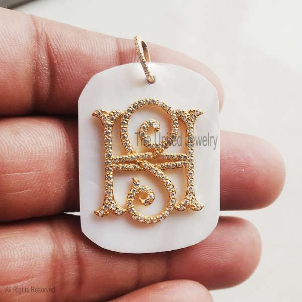 Natural Pearl Gemstone Custom HS Initial Alphabet Sterling Silver Monogram Pendant, Silver Monogram Pendant, Silver HS Monogram
