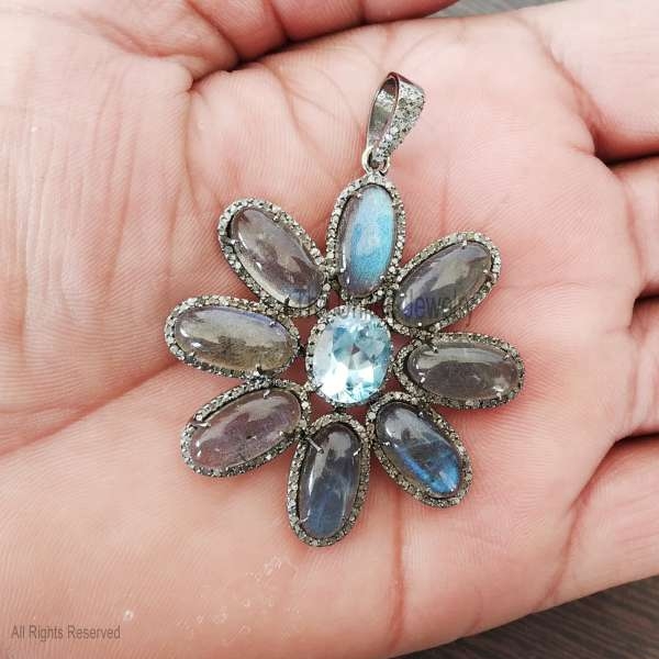 Flower Design Sterling Silver Pave Diamond Labradorite Design Pendant, Designer Flower Charm, Silver Diamond Flower Charm Pendant