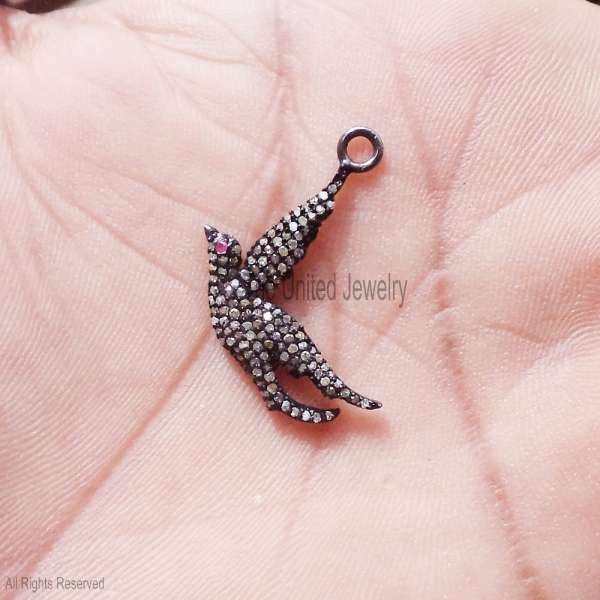 Silver Ruby Bird Charms, Pave Diamond Bird Charms Bracelet 925 Sterling Silver Charm Jewelry, Handmade Silver Diamond Bird Charm, Silver Charm