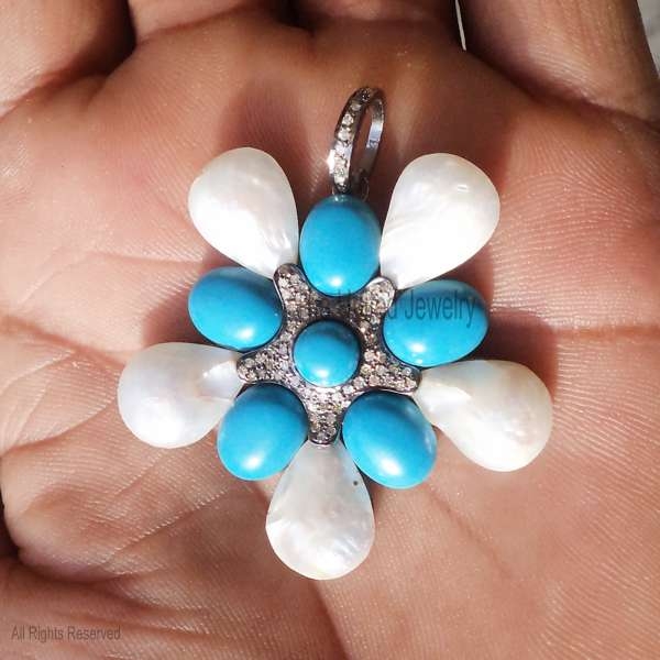 925 Sterling Silver Turquoise with Pearl Flower Charm, Turquoise Flower Charm, Pearl Flower Charm, Handmade Gemstone Flower Charm Jewelry