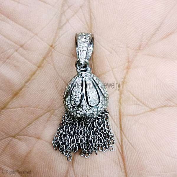 925 Sterling Silver Pave Diamond Tassel Pendant, Silver Tassel Pendant, Handmade Silver Pave Diamond Tassel Pendant Jewelry For Women