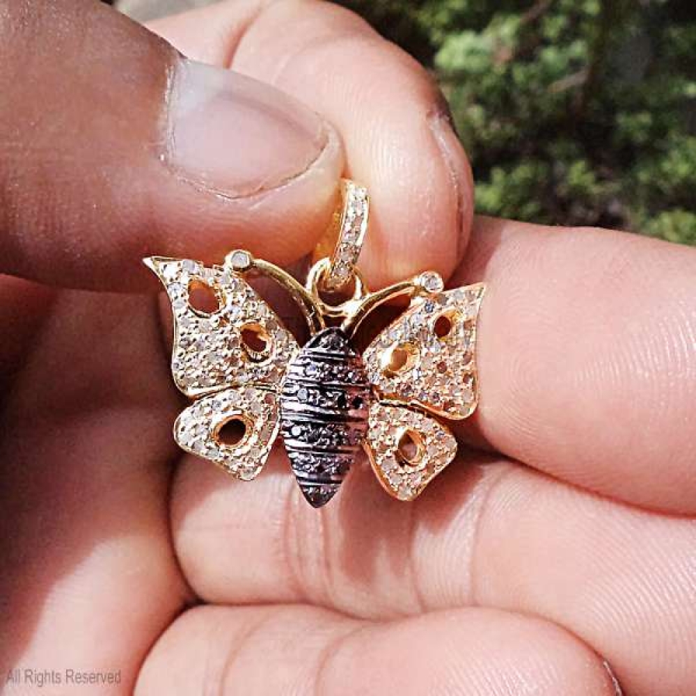 925 Sterling Silver Pave Black Diamond Butterfly Designer Pendant, Butterfly Pendant