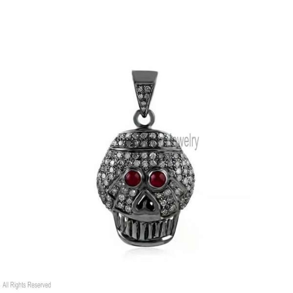 Skull Face Pave Diamond 925 Sterling Silver Pendant Vintage Jewelry, Diamond with Ruby Skull Charm, Silver Diamond Skull Pendant Jewelry