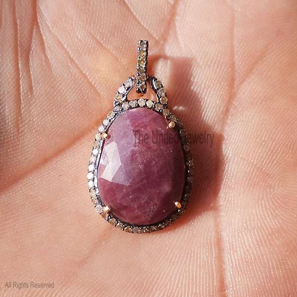 925 Sterling Silver Gemstone Ruby Diamond Charm, Ruby Diamond Handmade Sterling Silver Charm Pendant Jewelry For Women’s