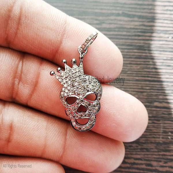 925 Sterling Silver Diamond Skull Charm, Silver Skull Charm, Skull Diamond Charm, Handmade Silver Diamond Skull Charm Jewelry