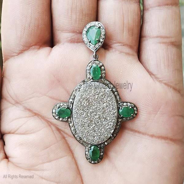 925 Sterling Silver Druzy With Emerald Charm Pendant, Druzy Charm Pendant, Handmade Sterling Silver Druzy With Emerald Charm Pendant Jewelry For Women’s