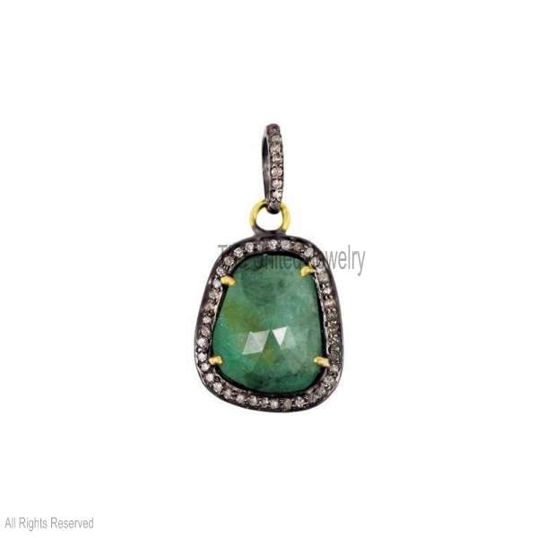 Silver Diamond Emerald Charm Pendant Jewelry, Handmade Silver Charm, Diamond Emerald Charm, Silver Diamond Emerald Charm Pendant Jewelry