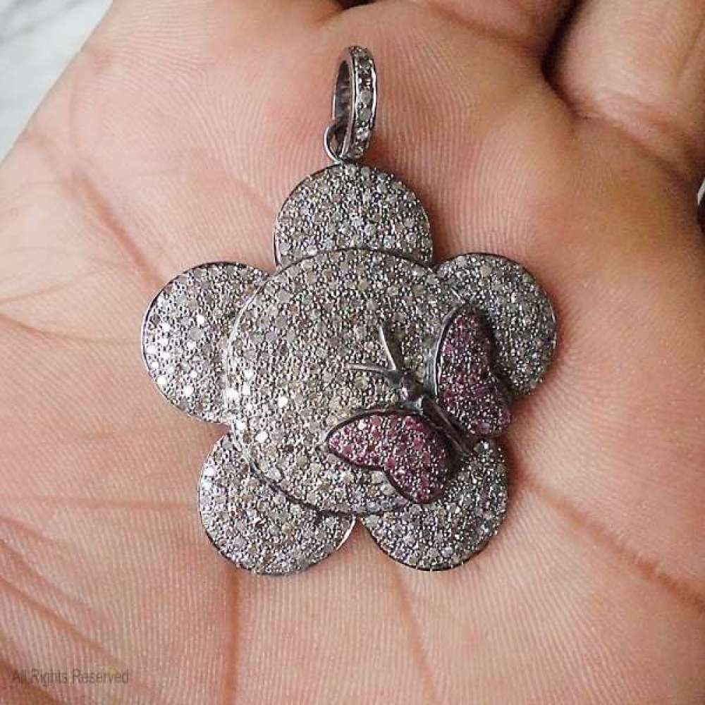 925 Sterling Silver Pave Diamond Flower With Ruby Butterfly Charm, Pave Diamond Flower Charm, Handmade Flower With Butterfly Charm Pendant Jewelry