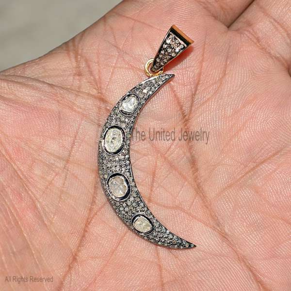 Rose Cut Handmade Sterling Silver Pave Diamond Crescent Moon Pendant Necklace Jewelry, Silver Moon Pendant, Diamond Pendant Jewelry