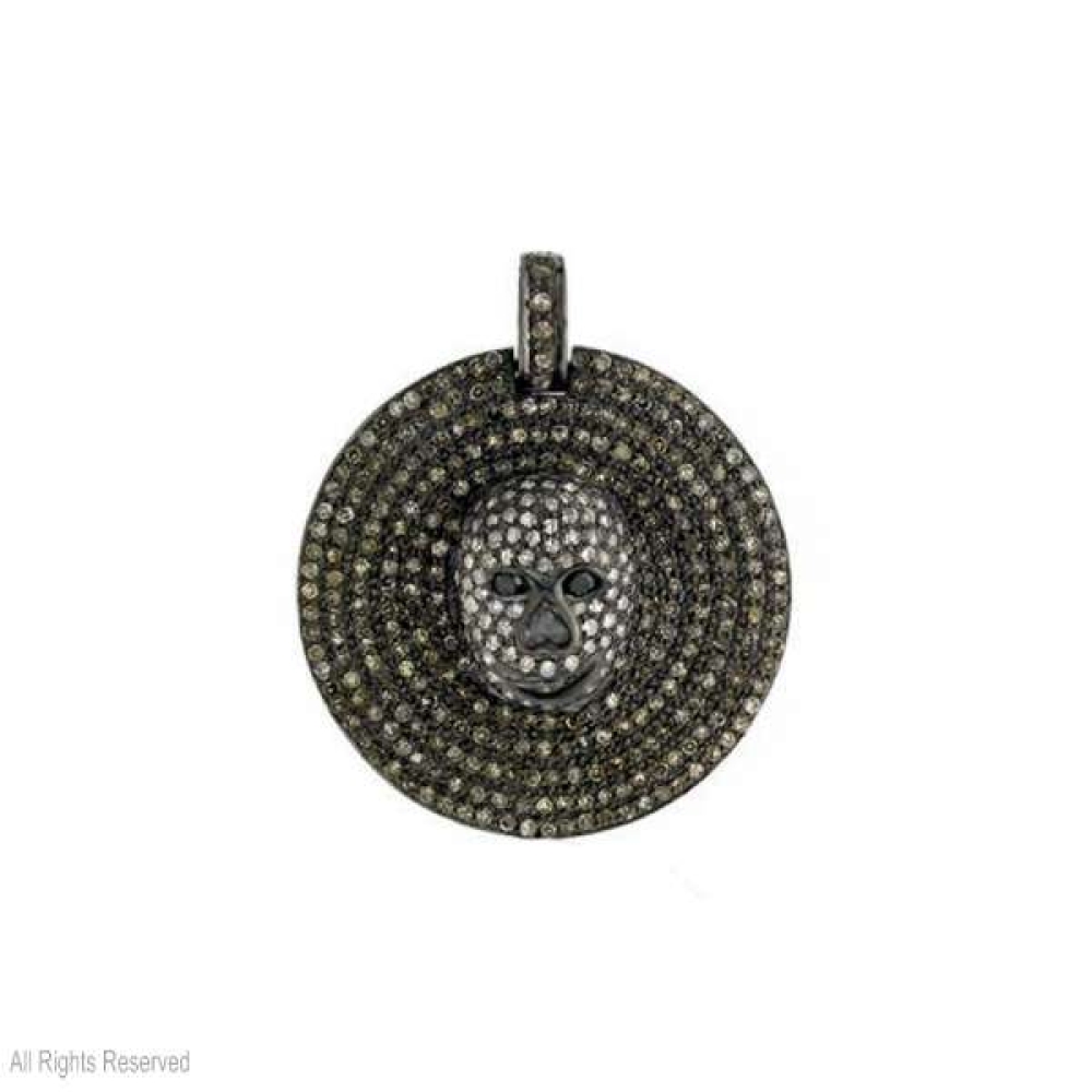 Skull Face Disc Pave Diamond 925 Sterling Silver Pendant Vintage Jewelry, Diamond Skull Disc Charm, Silver Diamond Skull Pendant Jewelry