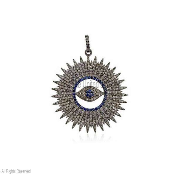 Pave Diamond Handmade Sterling Silver Evil Eye Blue Sapphire Pendant Jewelry, Silver Evil Eye Pendant, Diamond Evil Eye Charm