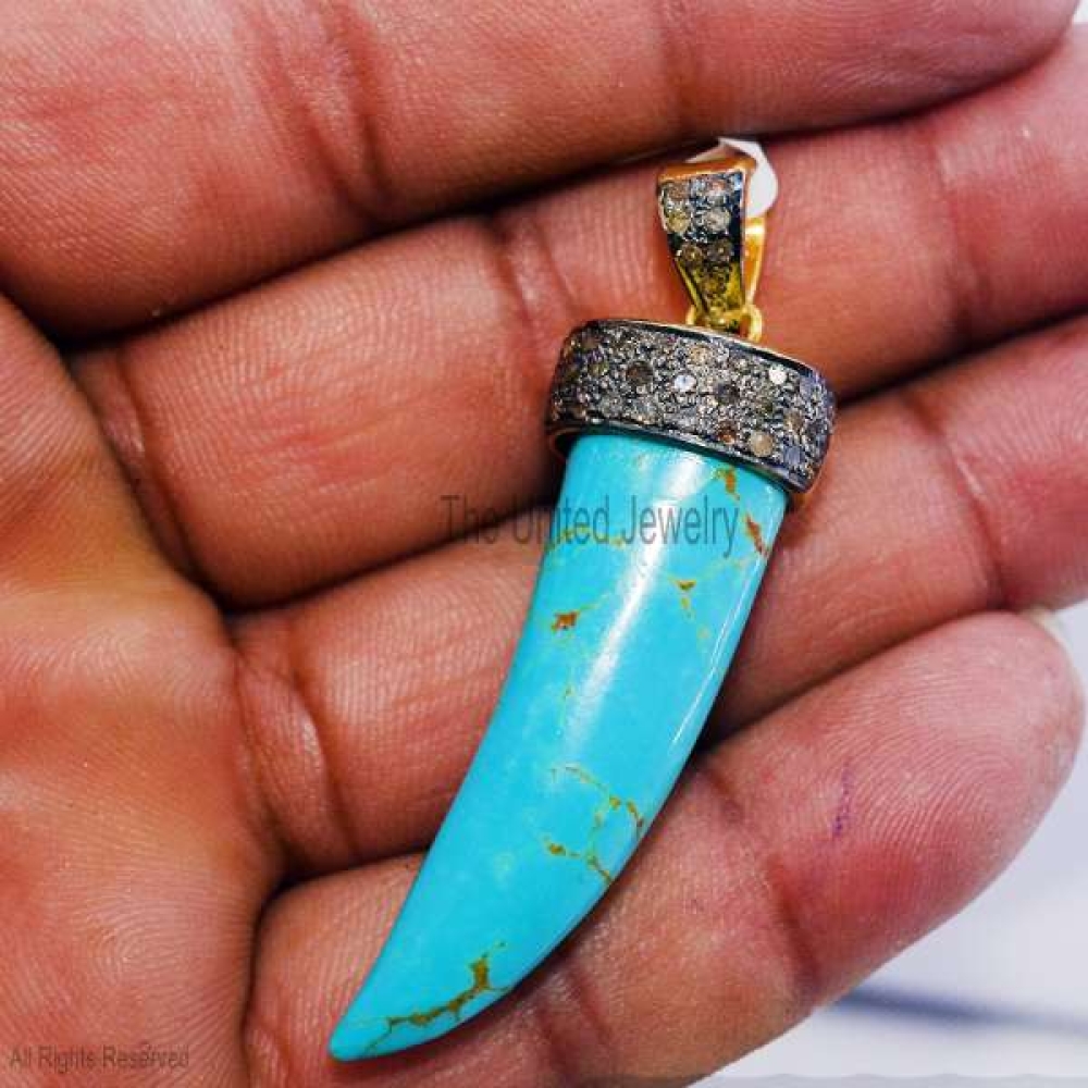 925 Sterling Silver Pave Diamond Turquoise Tooth Shape Pendant Jewelry, Silver Turquoise Tooth Pendant, Handmade Silver Diamond Turquoise Tooth Jewelry