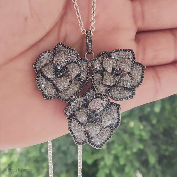 Black Spinel Flower Natural Pave Diamond 925 Sterling Silver Pendant Necklace Jewelry, 3 Flowers Pendant, 3 Flowers Diamond Pendant