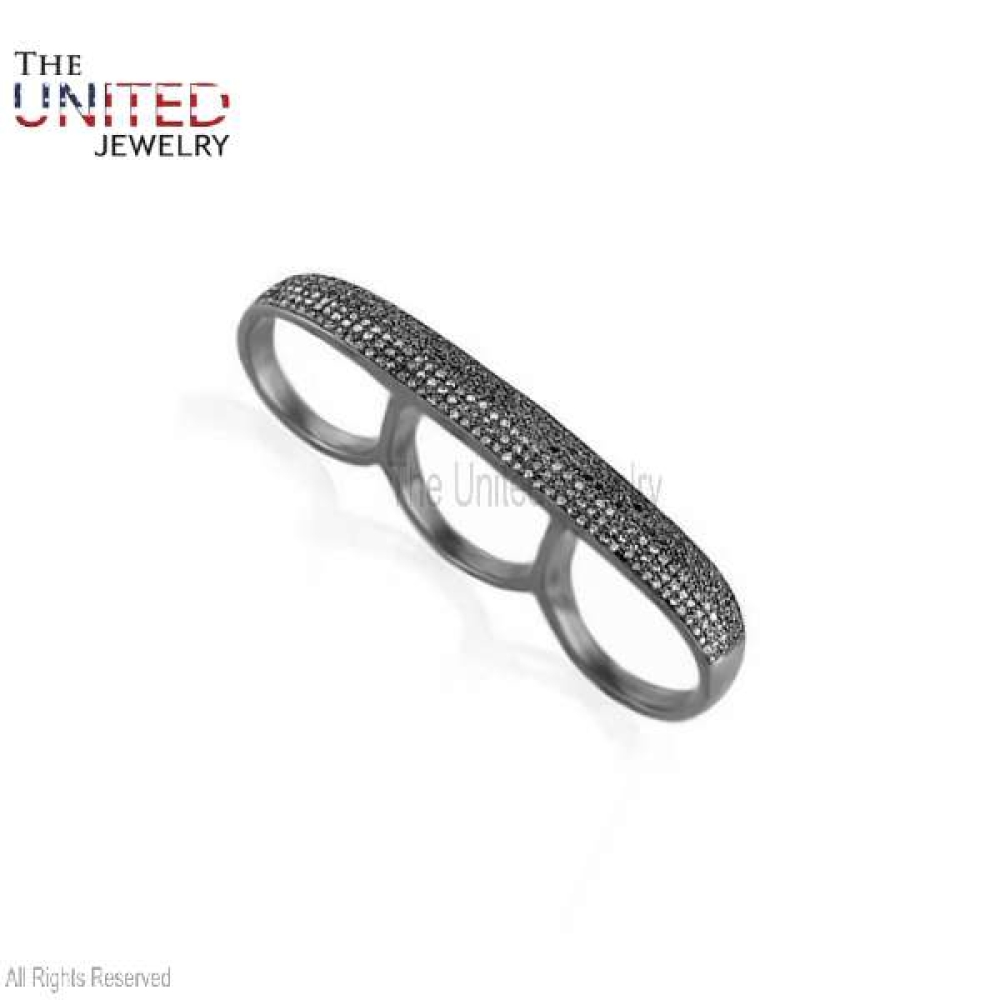 925 Sterling Silver Pave Diamond Handmade Three Finger Ring Jewelry For Women’s