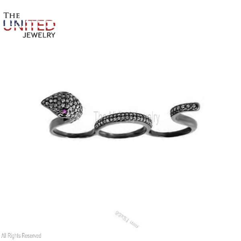 925 Sterling Silver Pave Diamond Handmade With Ruby Three Finger Snake Ring Jewelry For Women’s