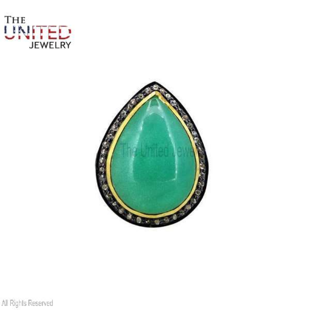 925 Sterling Silver Pave Diamond With Pear Shape Emerald Handmade Ring Jewelry For Women’s