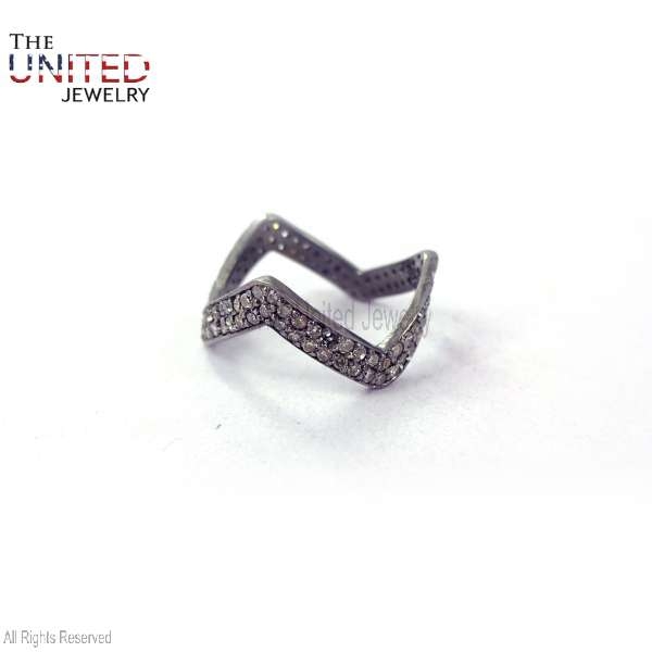 925 Sterling Silver Pave Diamond Zig Zag Handmade Band Ring Jewelry For Women’s
