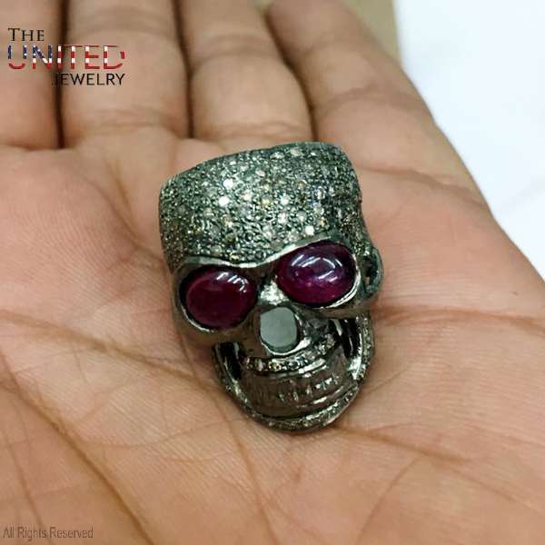 925 Sterling Silver Pave Diamond With Ruby And Black Onyx Handmade Skull Face Ring Jewelry For Women’s