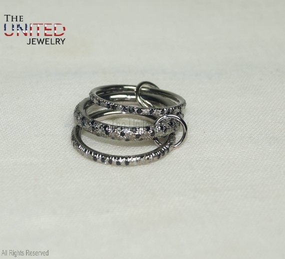 925 Sterling Silver Pave Diamond With Black Onyx Handmade Connector Three Band Ring Jewelry For Women’s