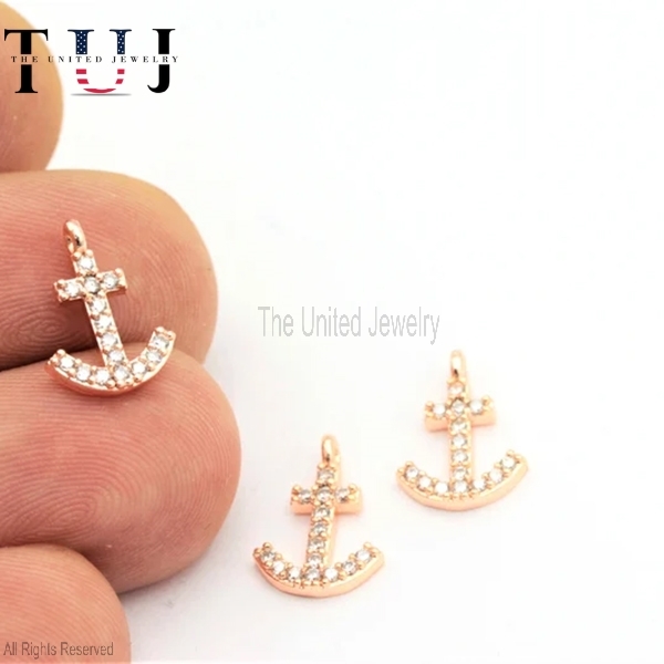 Rose Gold Plated Anchor Charms , Micro Pave Anchor , Cz Anchor Beads , Anchor Jewelry