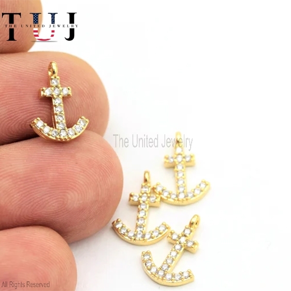 Yellow Gold Plated Anchor Charms , Micro Pave Anchor , Cz Anchor Beads , Anchor Jewelry