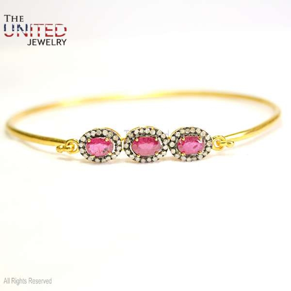 925 Sterling Silver Handmade Natural Pave Ruby With Diamond Dainty Women’s Bangle Jewelry, Anniversary Gift Bangle, Bridal Jewelry, Gift For Her