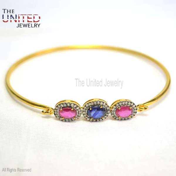 925 Sterling Silver Handmade Natural Pave Ruby With Diamond Dainty Women’s Bangle Jewelry, Anniversary Gift Bangle, Bridal Jewelry, Women’s bangle Jewelry