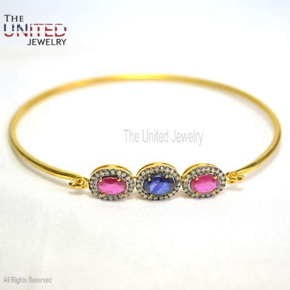 925 Sterling Silver Handmade Natural Pave Ruby With Diamond Dainty Women’s Bangle Jewelry, Anniversary Gift Bangle, Bridal Jewelry, Women’s bangle Jewelry