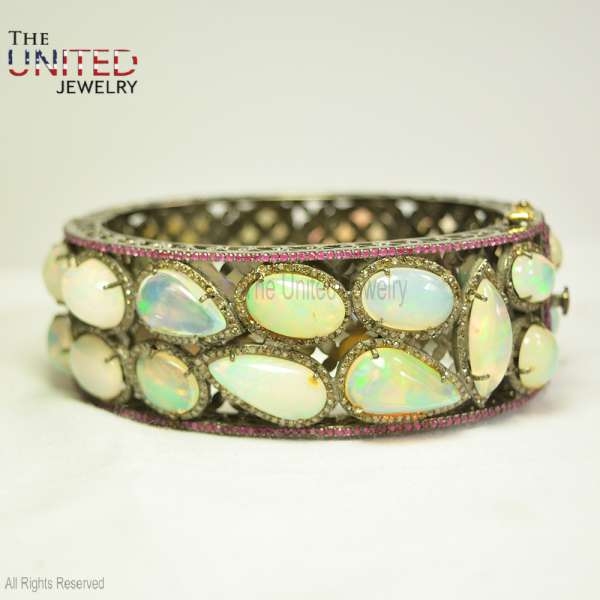 925 Sterling Silver Pink Sapphire With Opal Handmade Bangle, Silver Opal Designer Women’s Bangle Jewelry