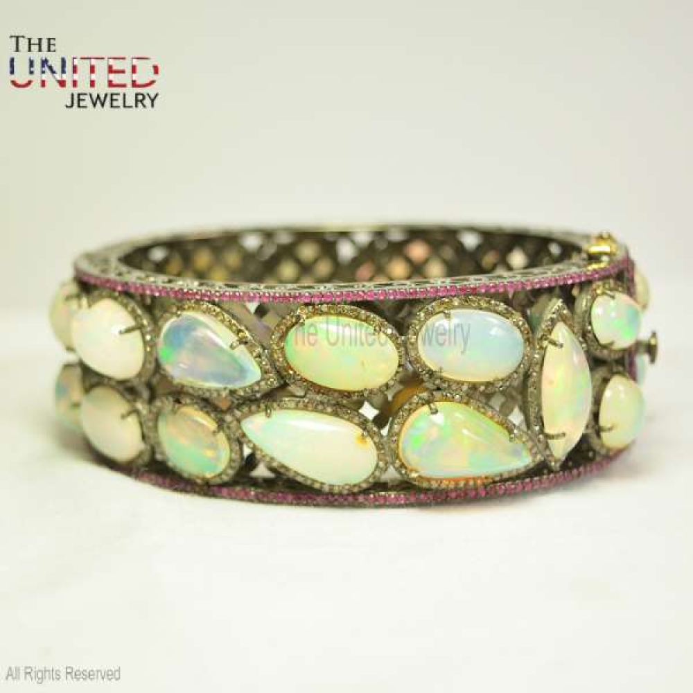 925 Sterling Silver Pink Sapphire With Opal Handmade Bangle, Silver Opal Designer Women’s Bangle Jewelry