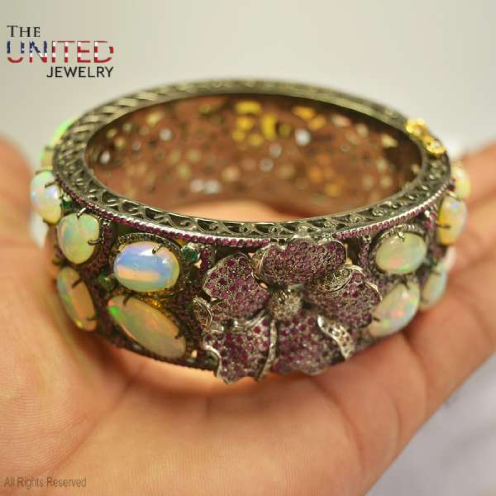 925 Sterling Silver Pink Sapphire With Opal Flower Design Handmade Bangle, Silver Opal Flower Designer Women’s Bangle Jewelry