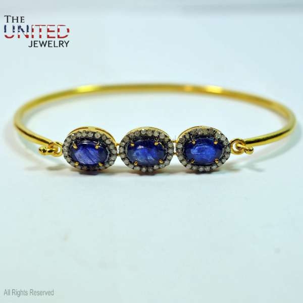 925 Sterling Silver Blue Sapphire With Pave Diamonds Handmade Bangle, Blue Sapphire Silver Designer Bangle For Women’s