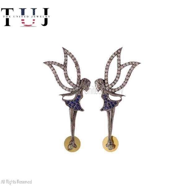 925 Sterling Silver Handmade Pave Diamond With Blue Sapphire Fairy Studs Earrings For Women