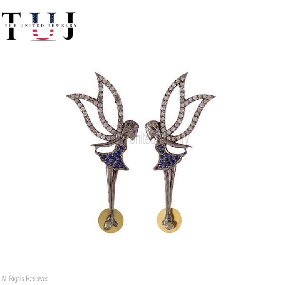 925 Sterling Silver Handmade Pave Diamond With Blue Sapphire Fairy Studs Earrings For Women