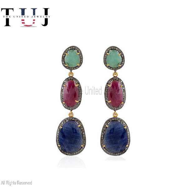 925 Sterling Silver Pave Diamond With Green Onyx, Ruby And Blue Sapphire Handmade Designer Dangles Earrings For Women