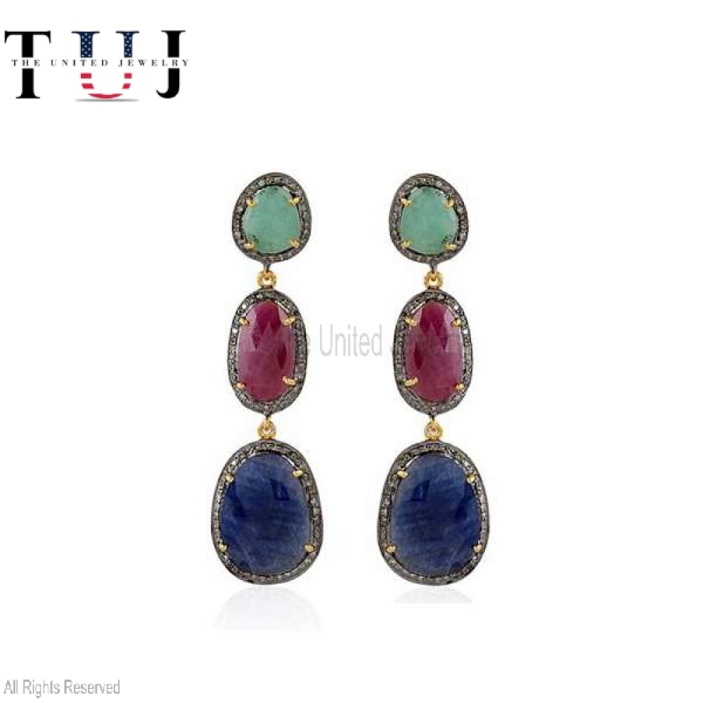 925 Sterling Silver Pave Diamond With Green Onyx, Ruby And Blue Sapphire Handmade Designer Dangles Earrings For Women