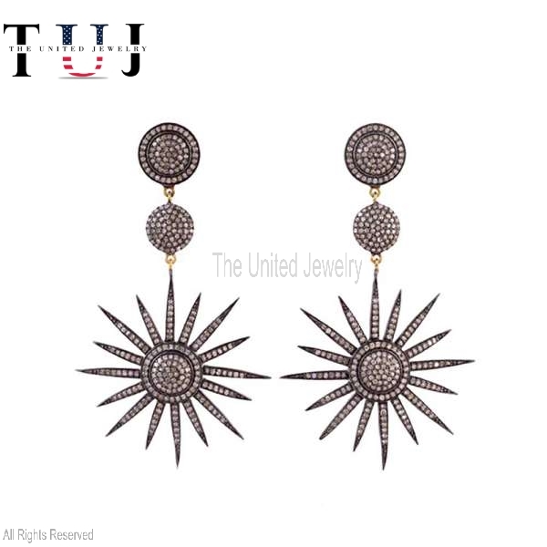925 Sterling Silver Handmade Pave Diamond Star Dangle Earrings For Women’s