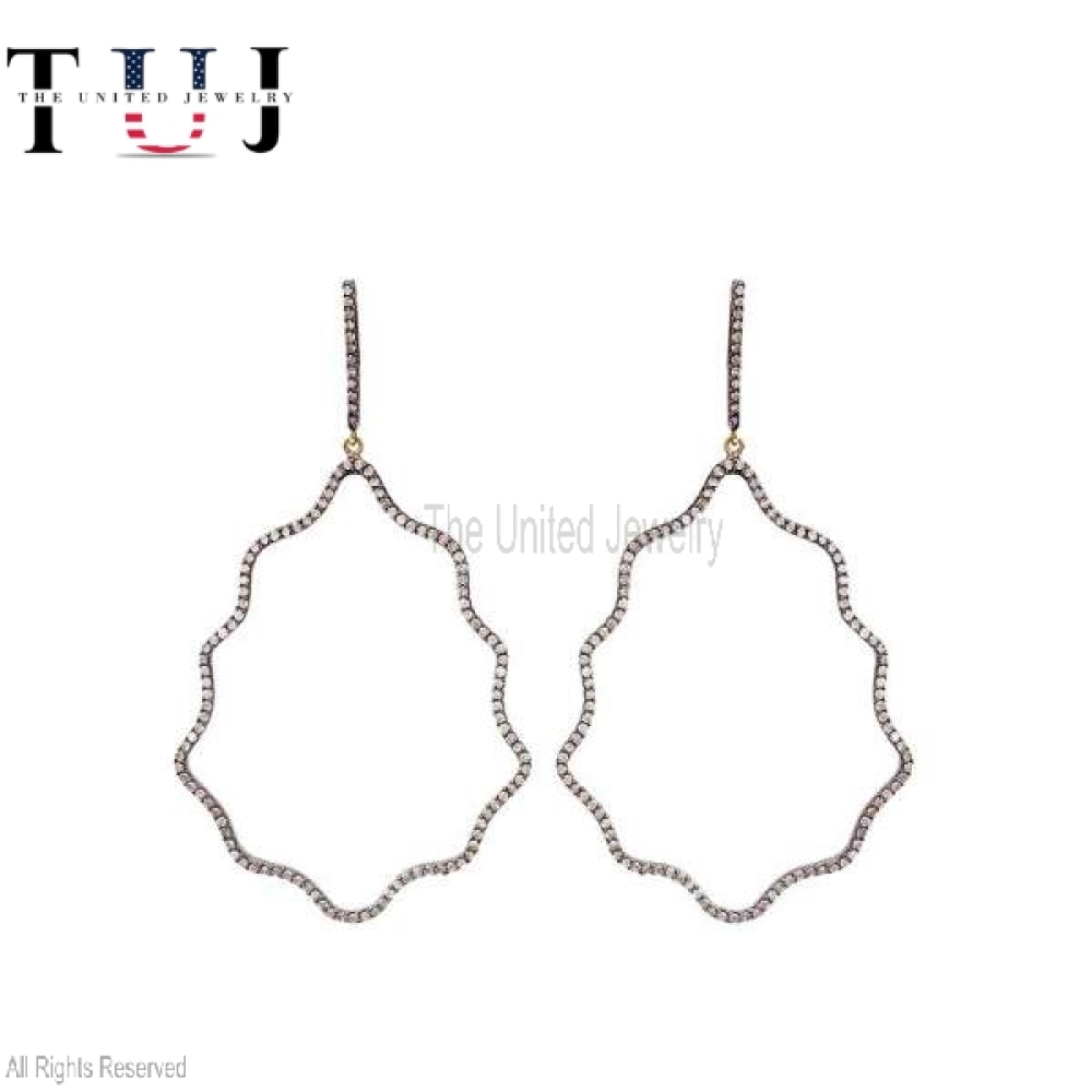 925 Sterling Silver Handmade Pave Diamond Designer Dangle Earrings For Women’s