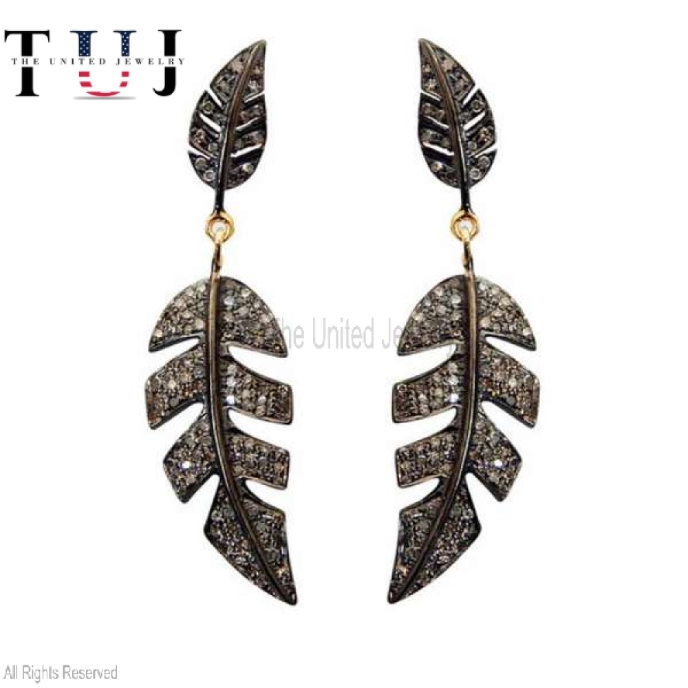 925 Sterling Silver Pave Diamond Handmade Leaf Dangles Earrings For Women