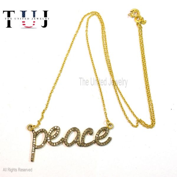 925 Sterling Silver Pave Diamond Handmade PEACE Charm Necklace Jewelry For Women