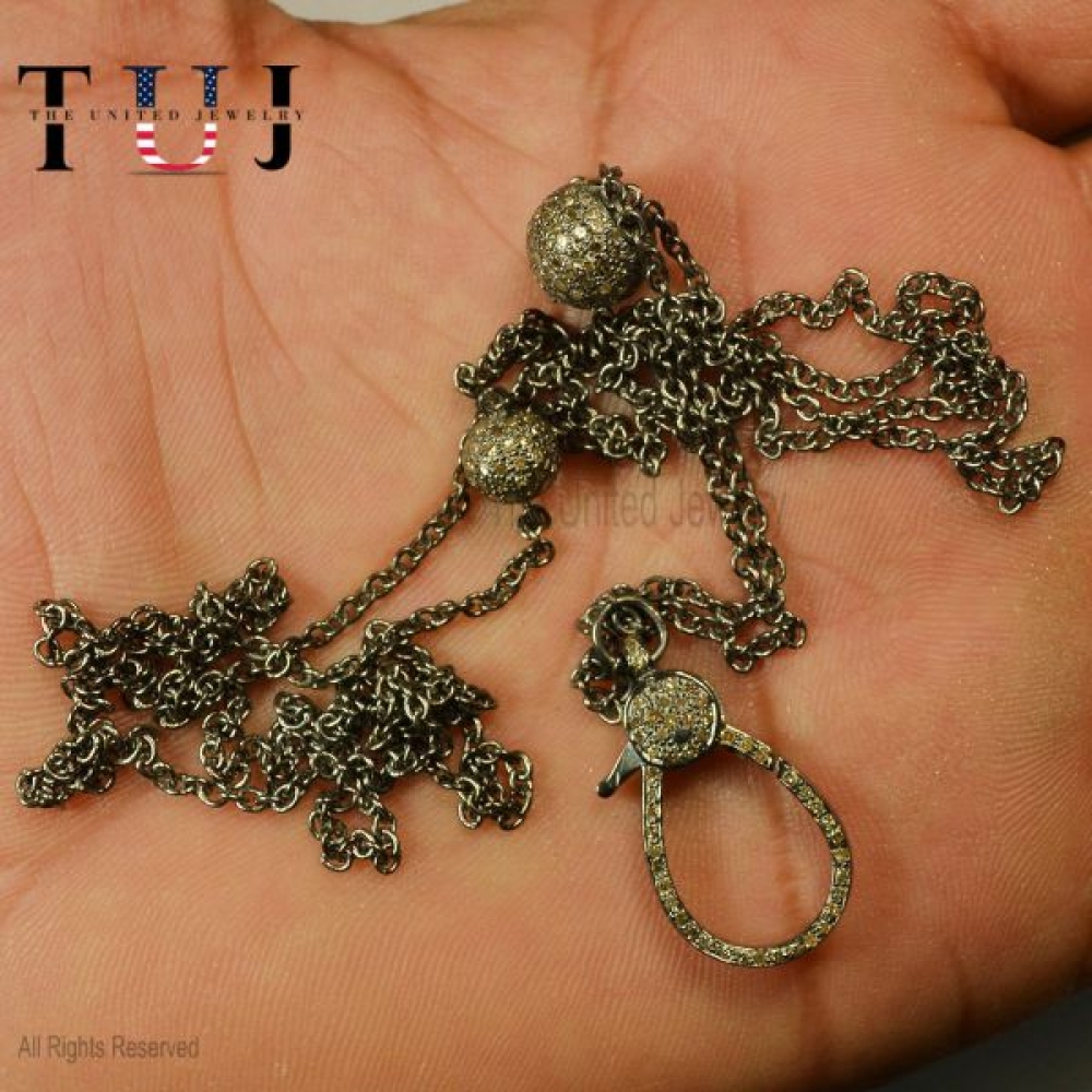 925 Sterling Silver Pave Diamond Handmade Clasp Lock With Diamond Ball Chain Necklace Jewelry