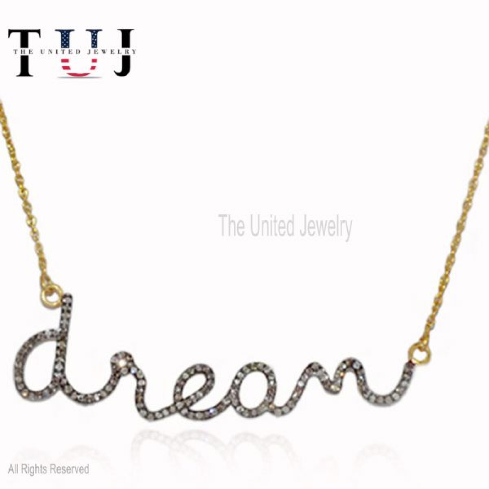 925 Sterling Silver Pave Diamond Handmade DREAM Charm Necklace Jewelry For Women