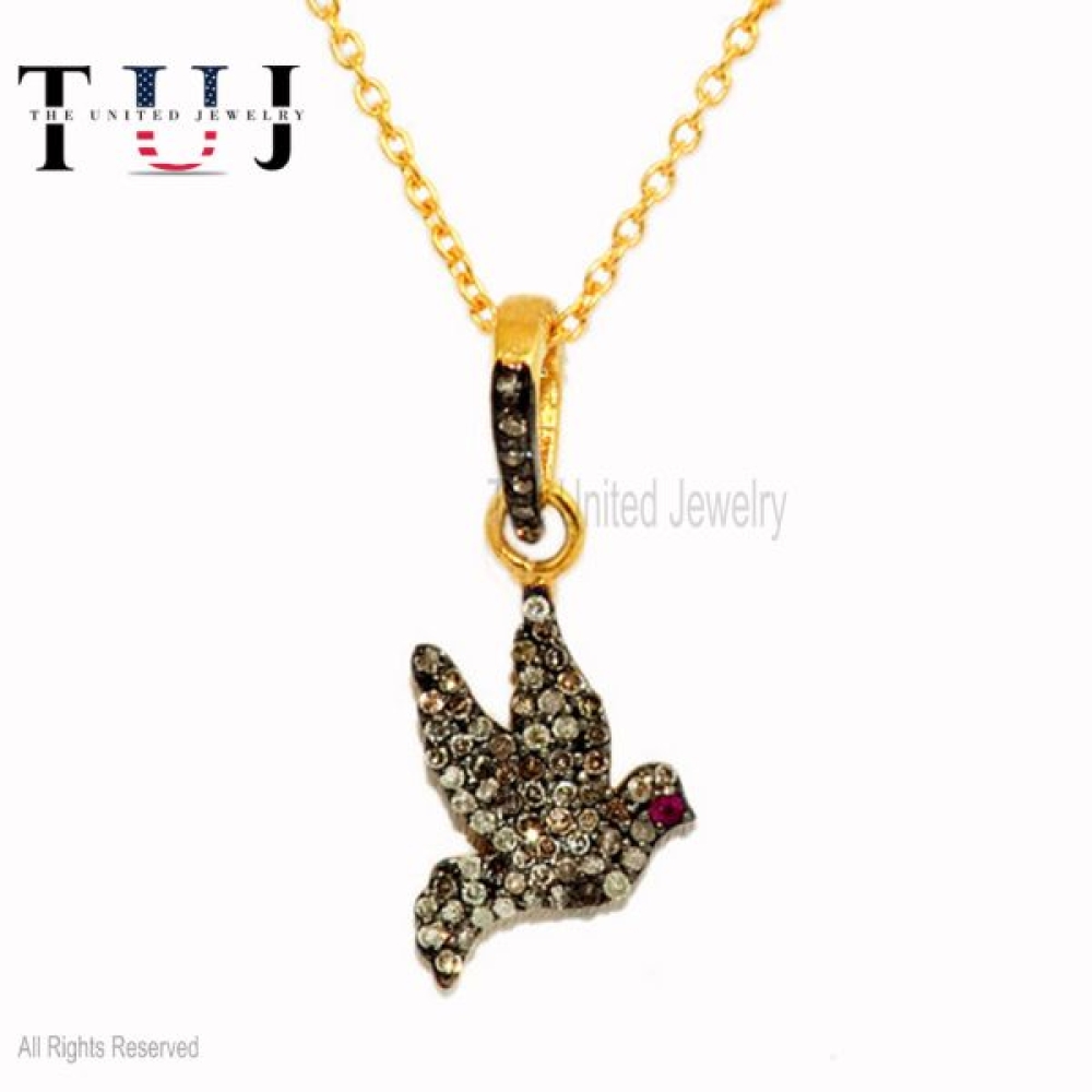 925 Sterling Silver Pave Diamond With Ruby Handmade Bird Charm Necklace Jewelry For Women