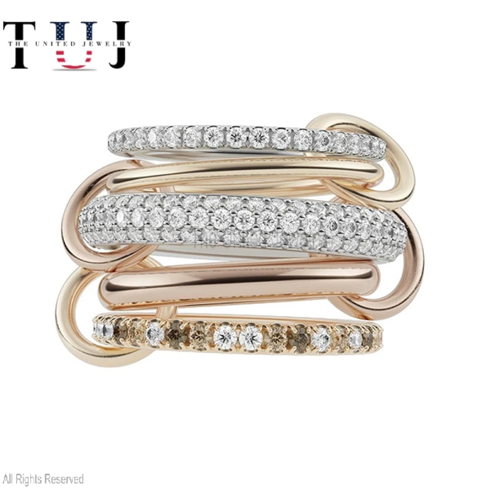 Handmade Natural Diamond Multi link Connected Rings, Diamond Multi Link Love Ring, Diamond Trinity Link Band, Five Link Ring, Connected Rings