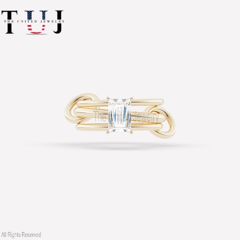 925 Sterling Silver White Baguette Handmade Three Connector Band Ring Jewelry