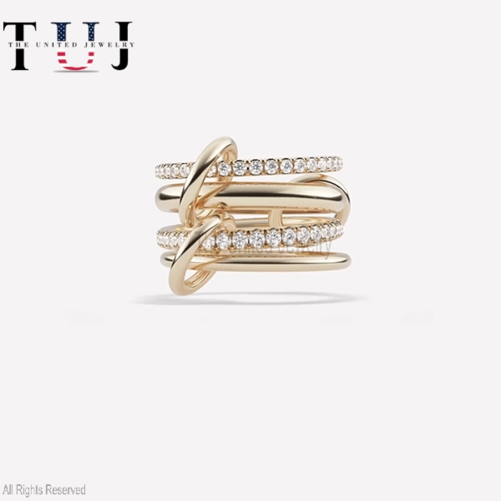 Handmade 925 Sterling Silver Pave Diamond Four Connector Band Ring Jewelry