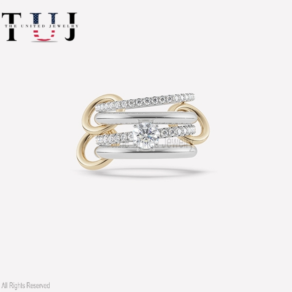 Handmade 925 Sterling Silver Pave Diamond Four Connector Band Link Ring Jewelry